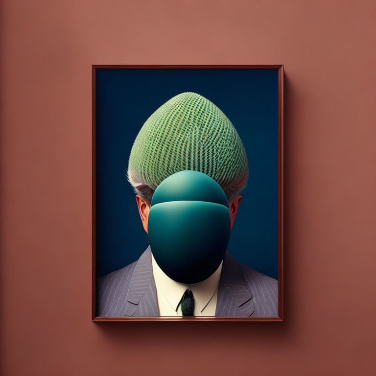 Surreal portrait with oversized green sphere, suit, and beanie on salmon backdrop