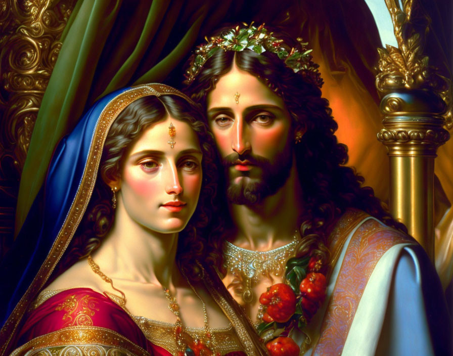 Regal couple painting: man in blue robes with laurel wreath, woman in red with gold