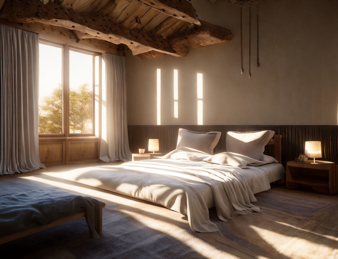 Sunlit Bedroom with Wooden Beam Ceiling and Cozy Decor