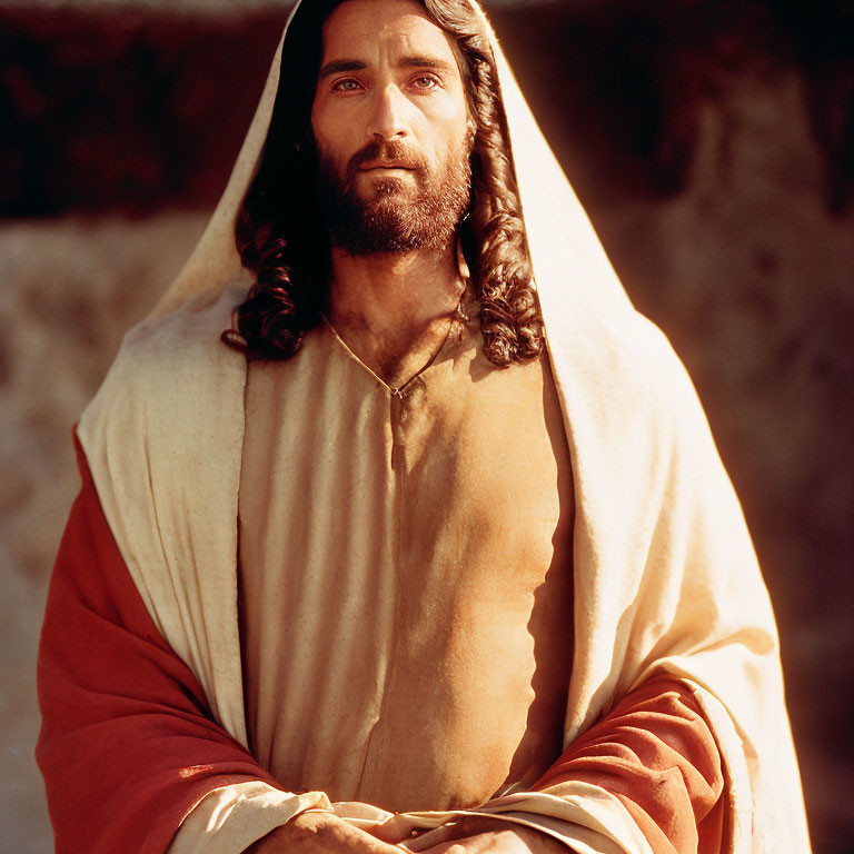 Man with Long Brown Hair and Beard in White Robe with Red Shawl