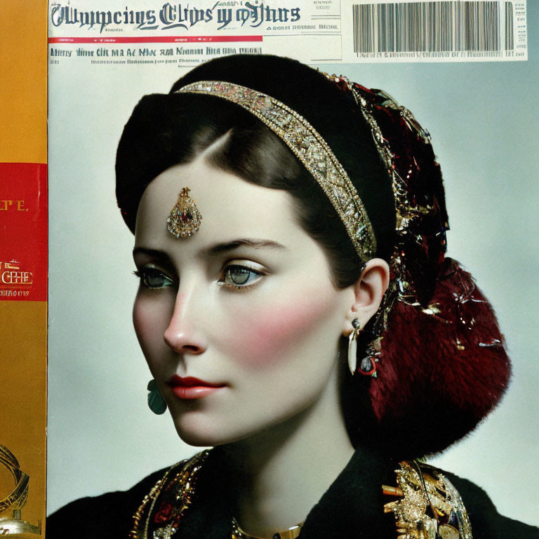 Woman in traditional attire with bejeweled headpiece on magazine cover