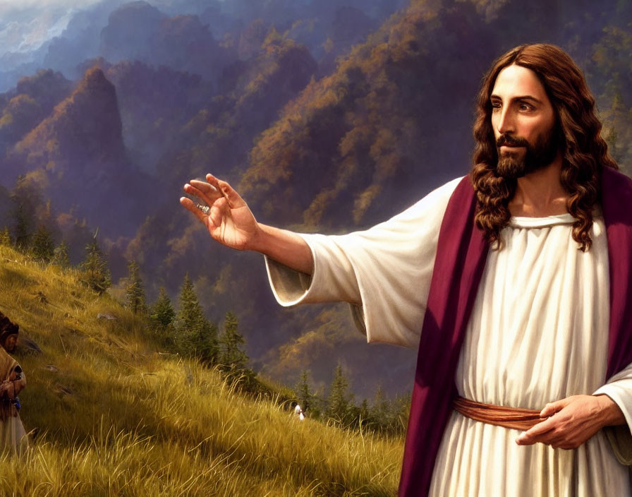 Serene Jesus in White and Purple Robes in Mountain Landscape