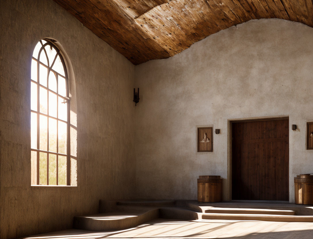 Tranquil room with arched window, wooden beams, artworks, and textured walls