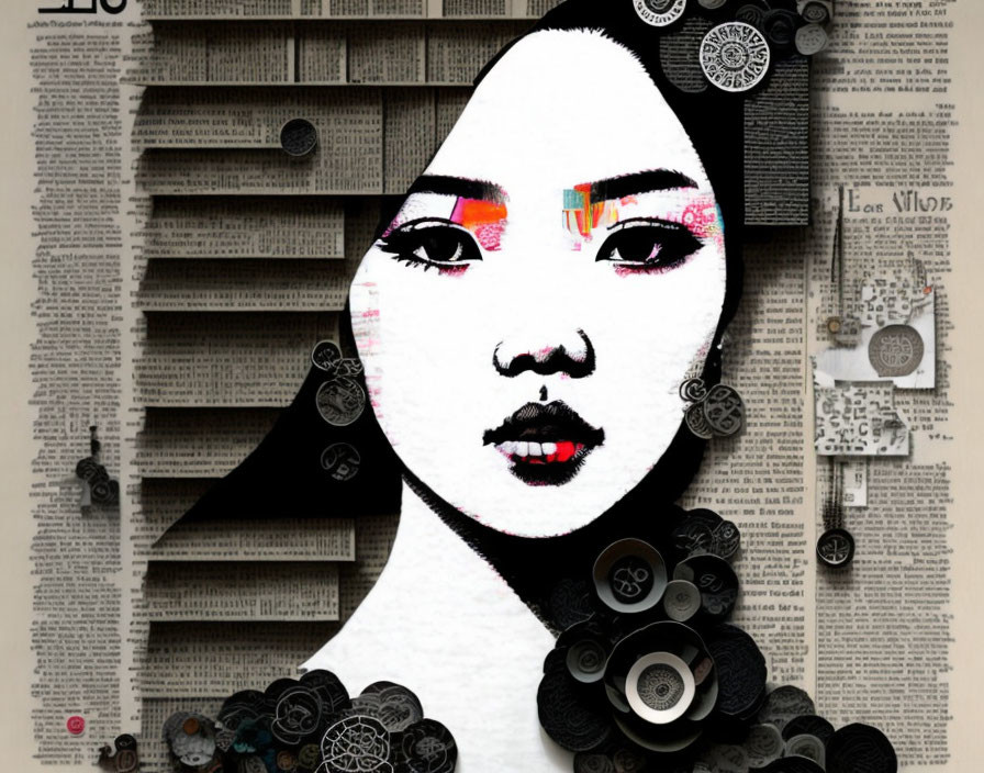 Monochrome portrait of woman with vibrant eye makeup against newspaper collage.