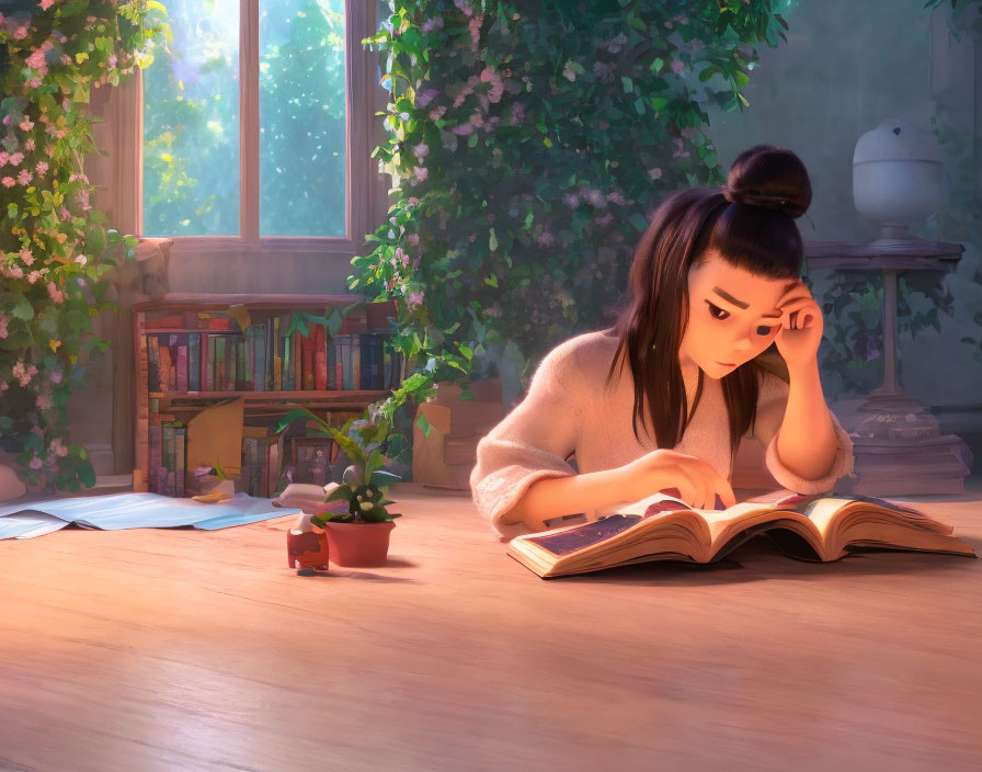 Animated young woman reading book at wooden table with plants and sunlit window