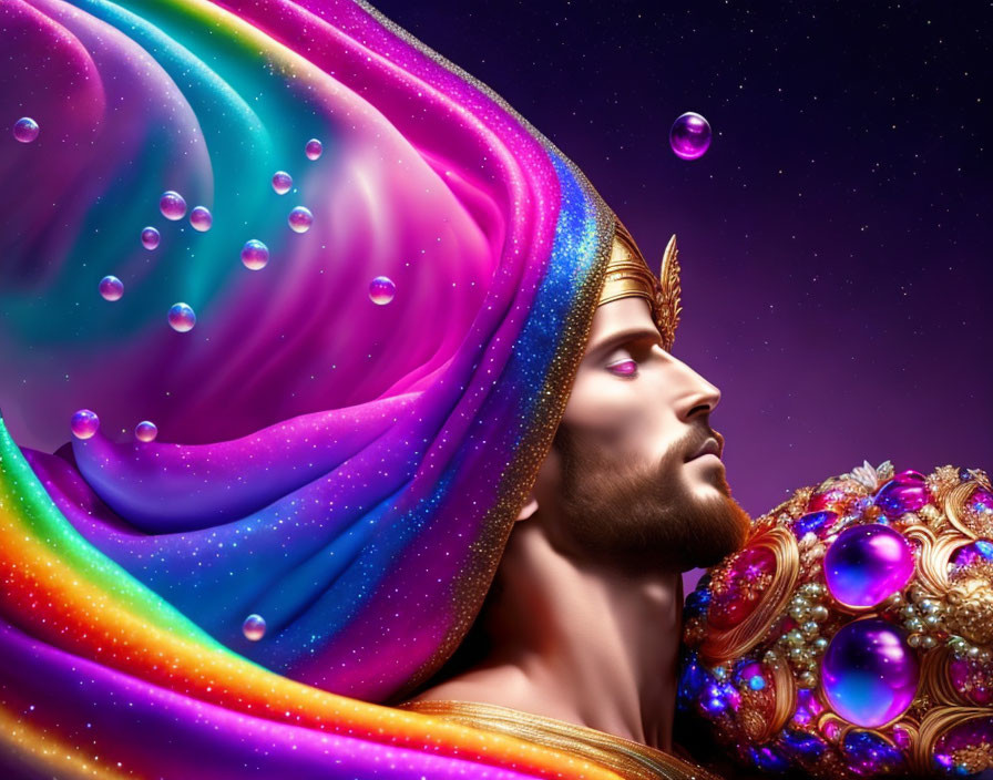 Colorful digital artwork: man with golden crown, cosmic wave, floating bubbles.