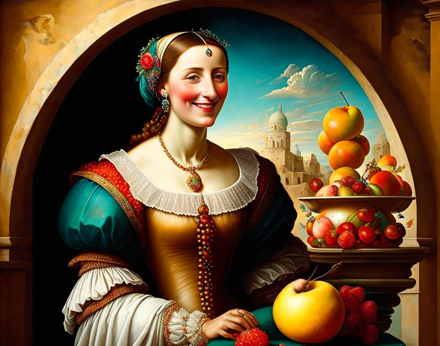 Digital artwork blending Renaissance portraiture with modern surreal elements - woman in period attire with oversized fruit bowl