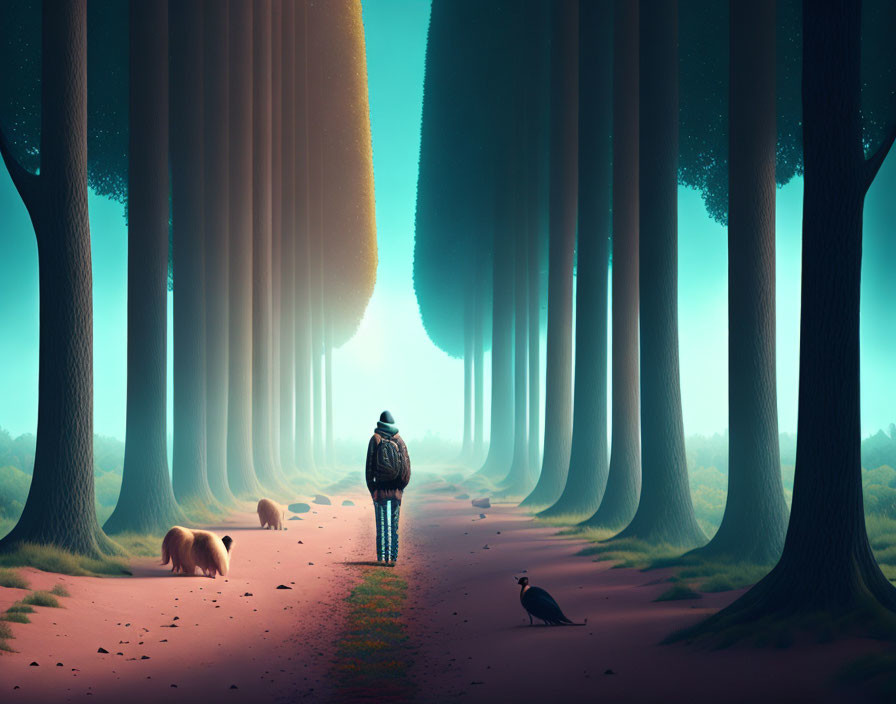 Person and dog walking in surreal oversized forest with tall trees