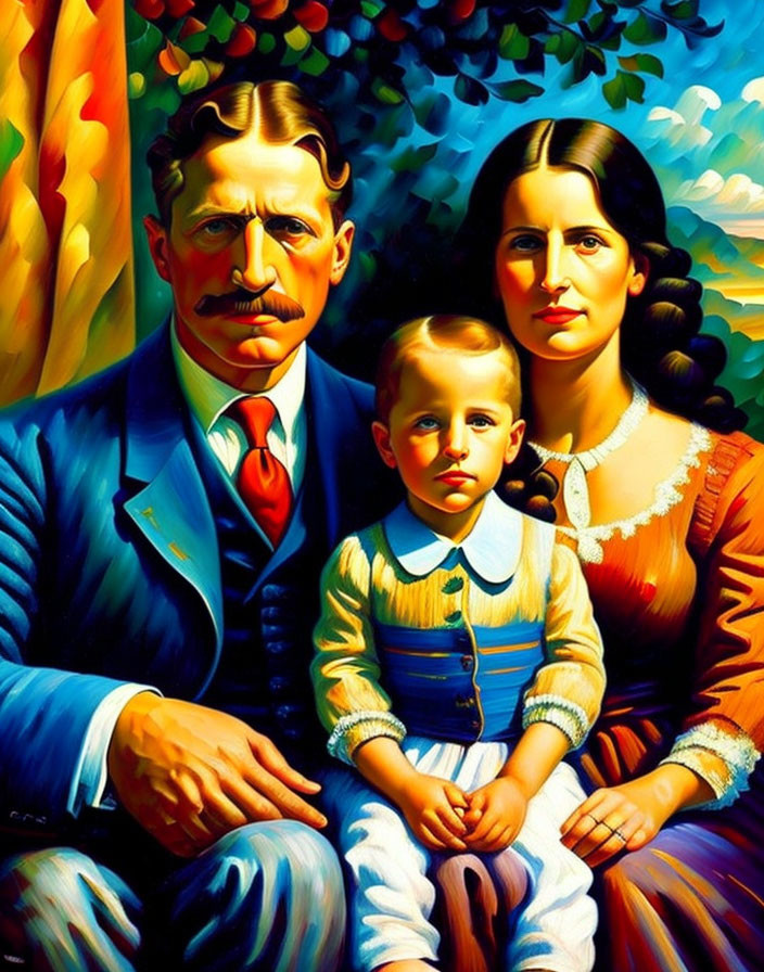 Colorful Family Portrait with Man, Woman, and Child in Stylized Painting