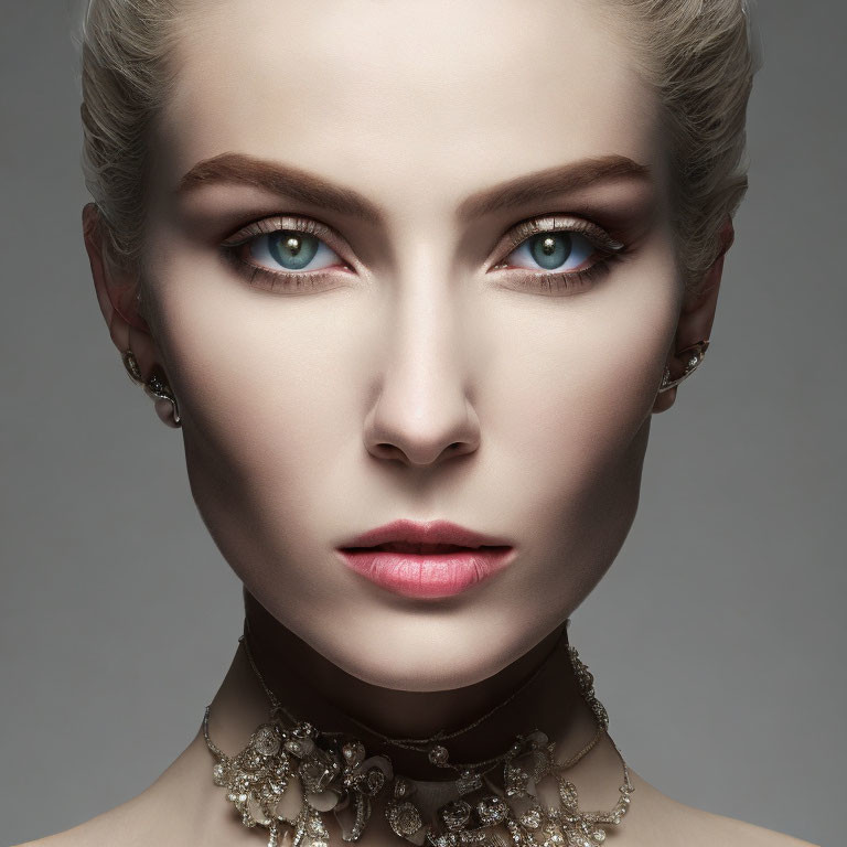 Blonde woman with blue eyes, dark eye makeup, pink lipstick, and jeweled necklace