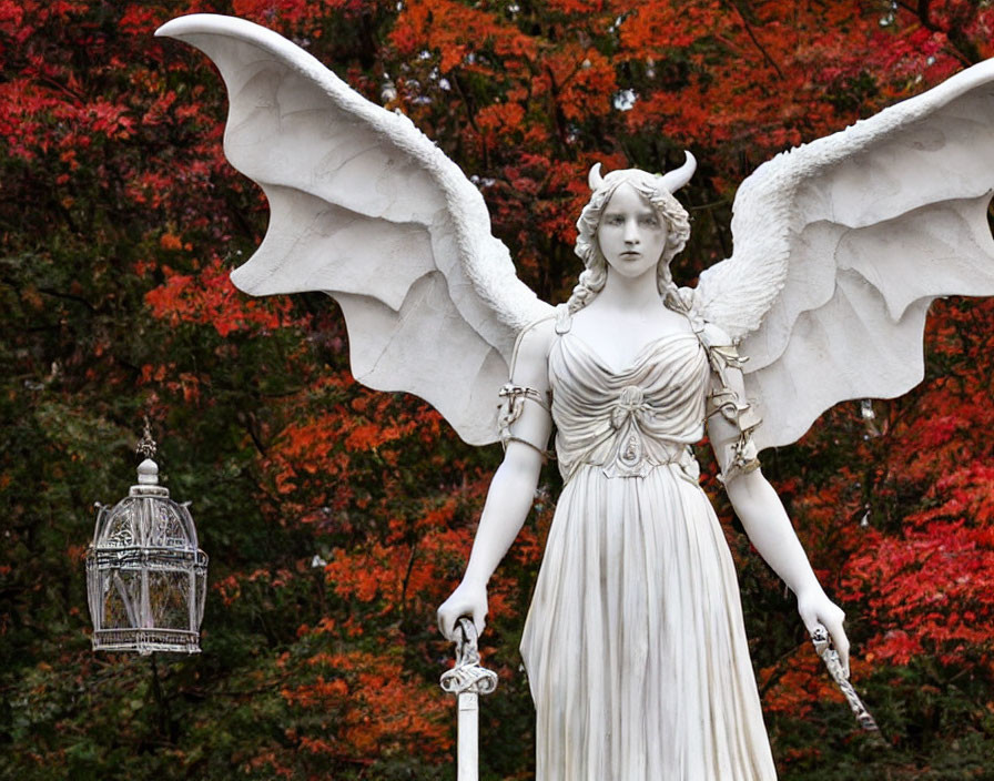 Angel statue with sword and lantern in autumn setting