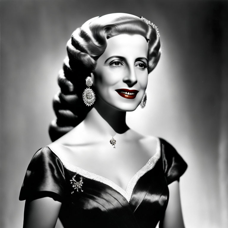 Classic 1940s black and white portrait of a woman with red lipstick and elegant attire