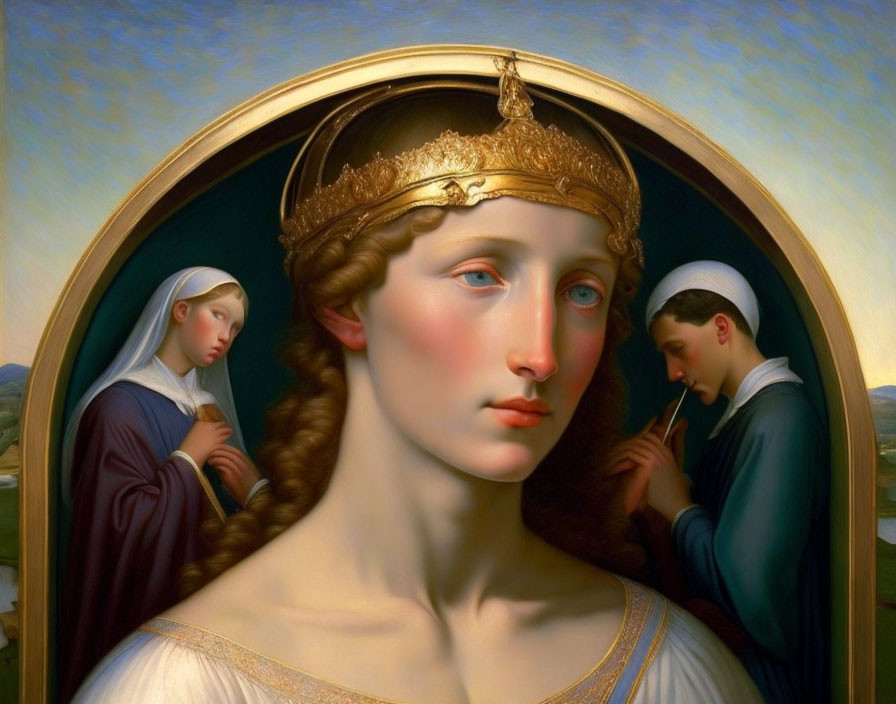 Regal woman with gold crown and braided hair in painting.