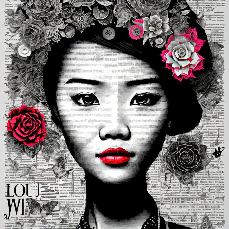 Monochrome portrait of woman with red lips and floral hair on newspaper background