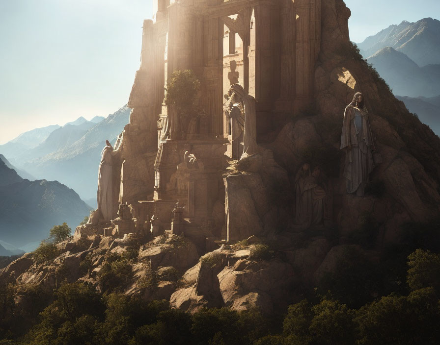 Monumental statues and grand archway in majestic rocky landscape