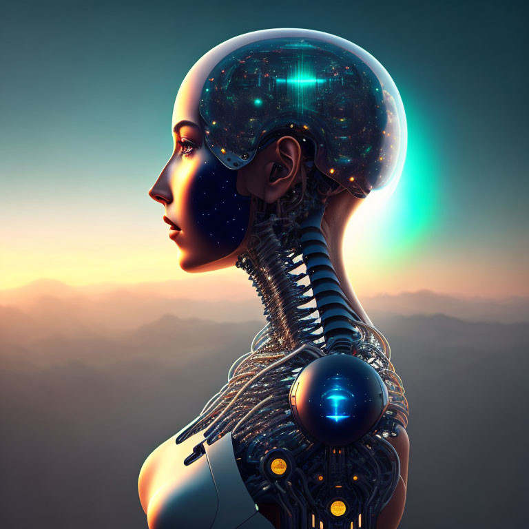 Female android with transparent cranium revealing cosmic scene and intricate neck mechanics against twilight sky.