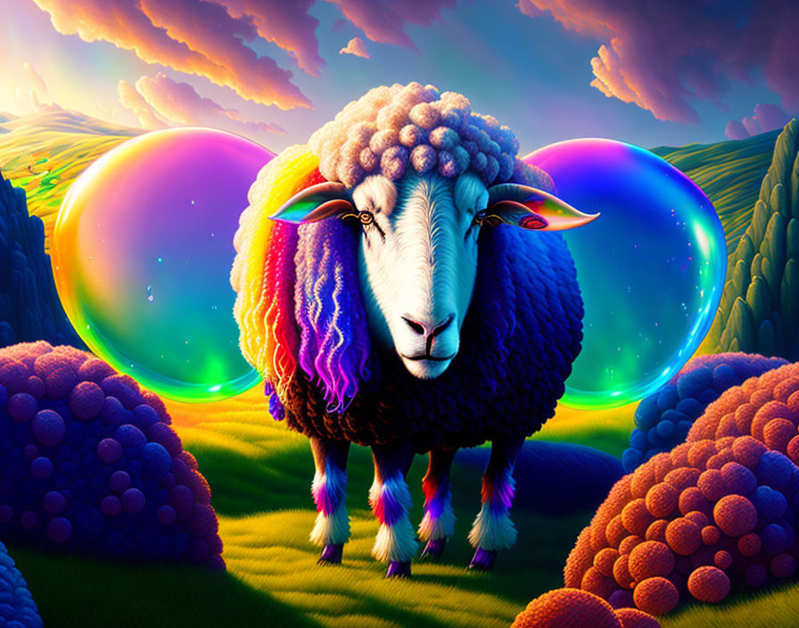 Vibrant surreal illustration: rainbow sheep in fantastical landscape