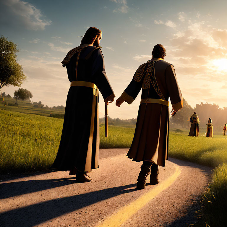 Medieval-style cloaked figures walking on road in lush landscape