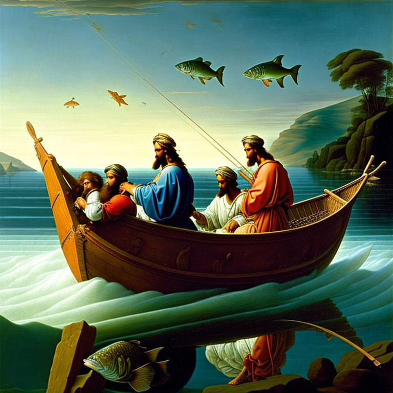 Five individuals in historical attire on a boat surrounded by leaping fish in a serene setting.