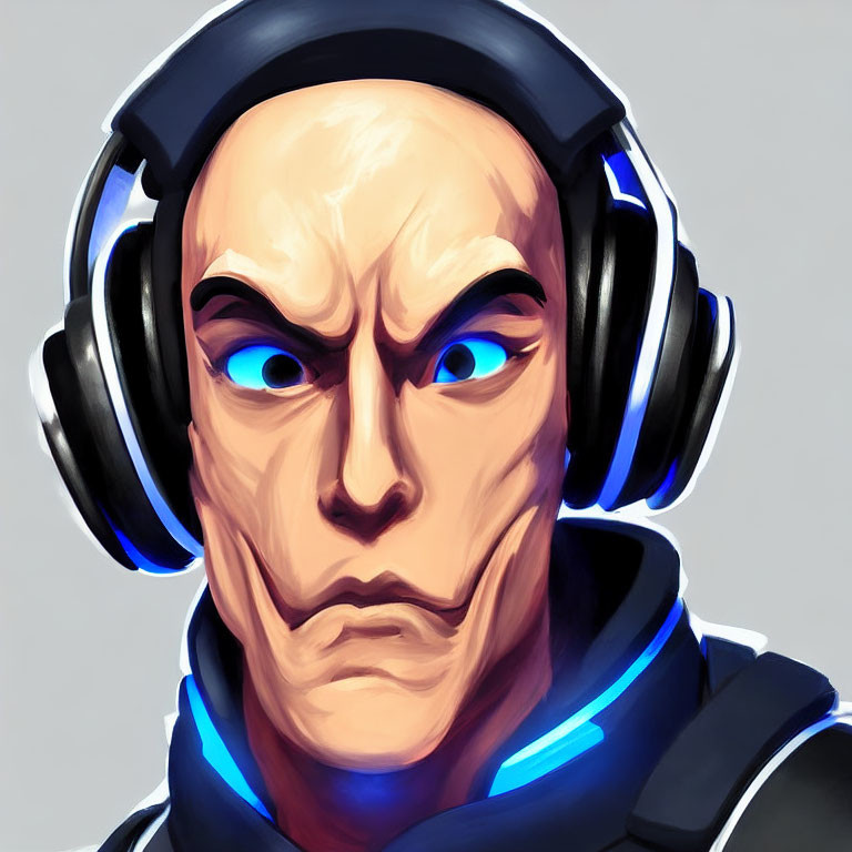 Stern character with headphones in blue lighting and shading.