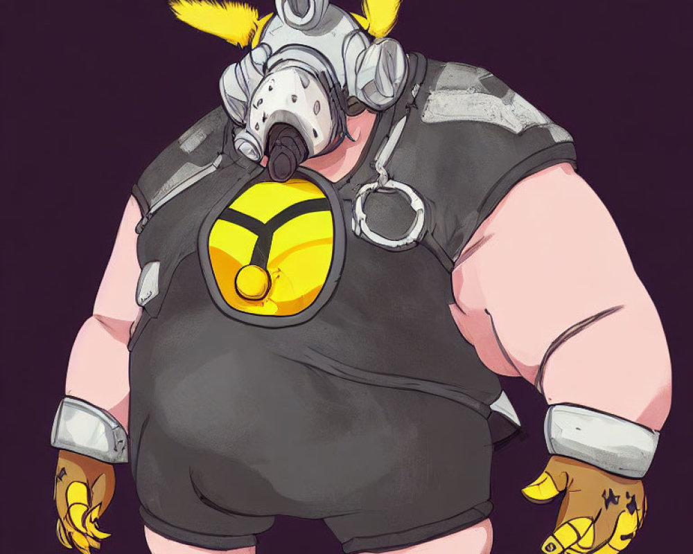 Stylized character in gas mask with yellow highlights & radiation symbol