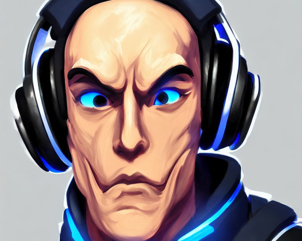 Stern character with headphones in blue lighting and shading.