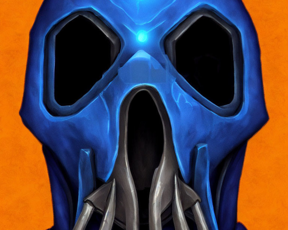 Stylized helmet with glowing blue visor and metallic tentacles on orange background