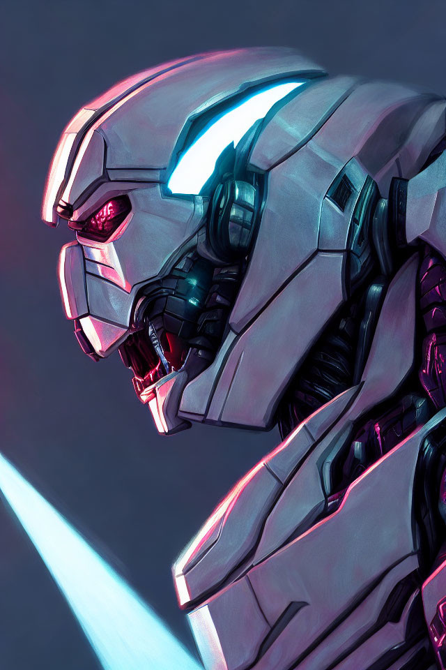 Detailed robotic face illustration with red eyes and angular armor on purple backdrop