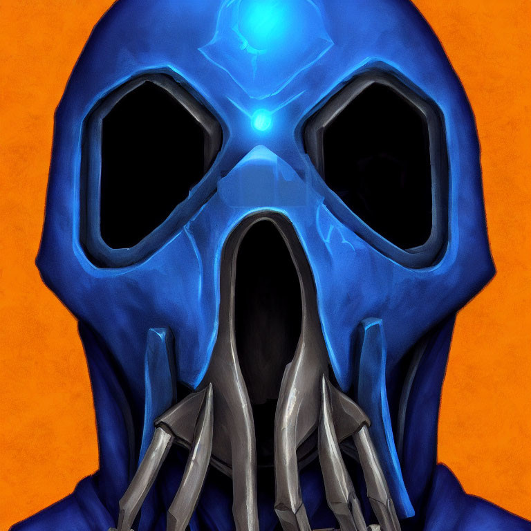 Stylized helmet with glowing blue visor and metallic tentacles on orange background