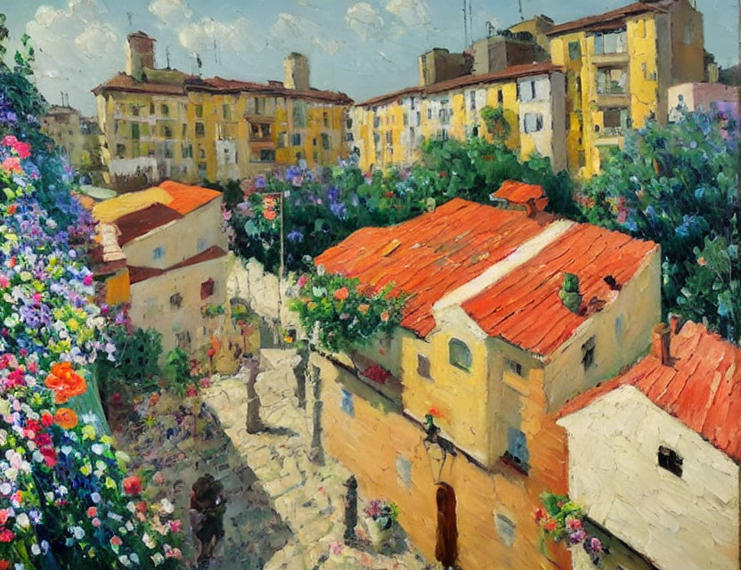 Colorful Oil Painting of Blooming Flowers and Quaint Buildings