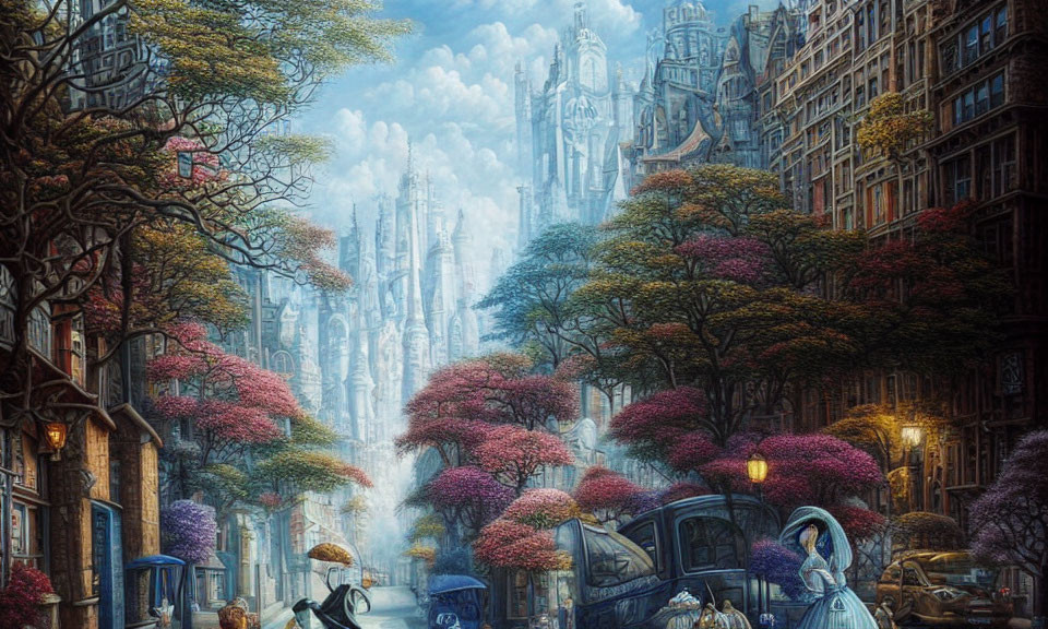 Gothic cityscape with blooming trees, vintage car, and cobbled street scene