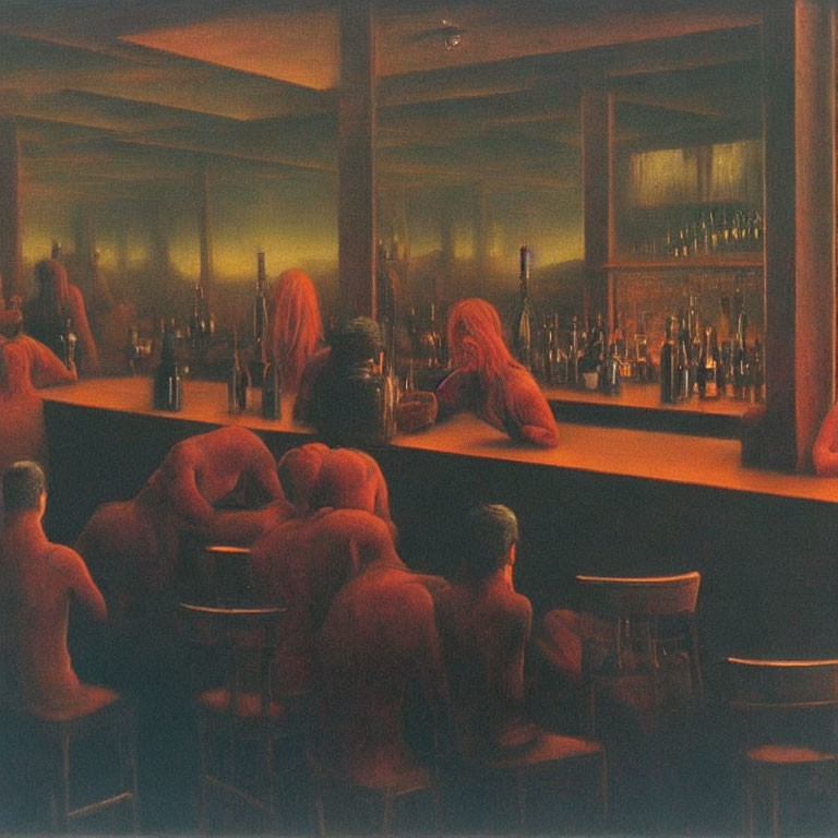 Dimly Lit Bar Scene with Red and Orange Patrons and Bottles