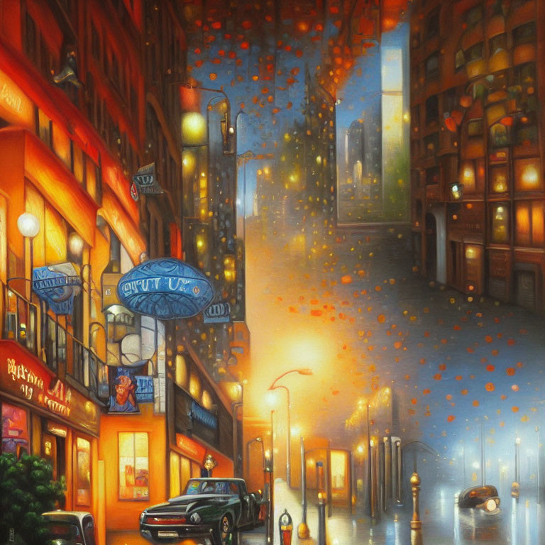 Illustration of City Street at Dusk with Glowing Lights