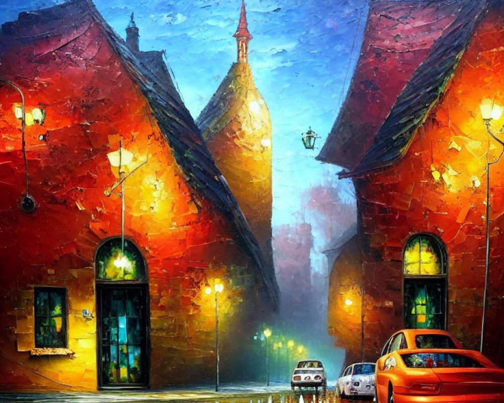 Rainy cobblestone street with illuminated buildings and parked cars under a deep blue sky