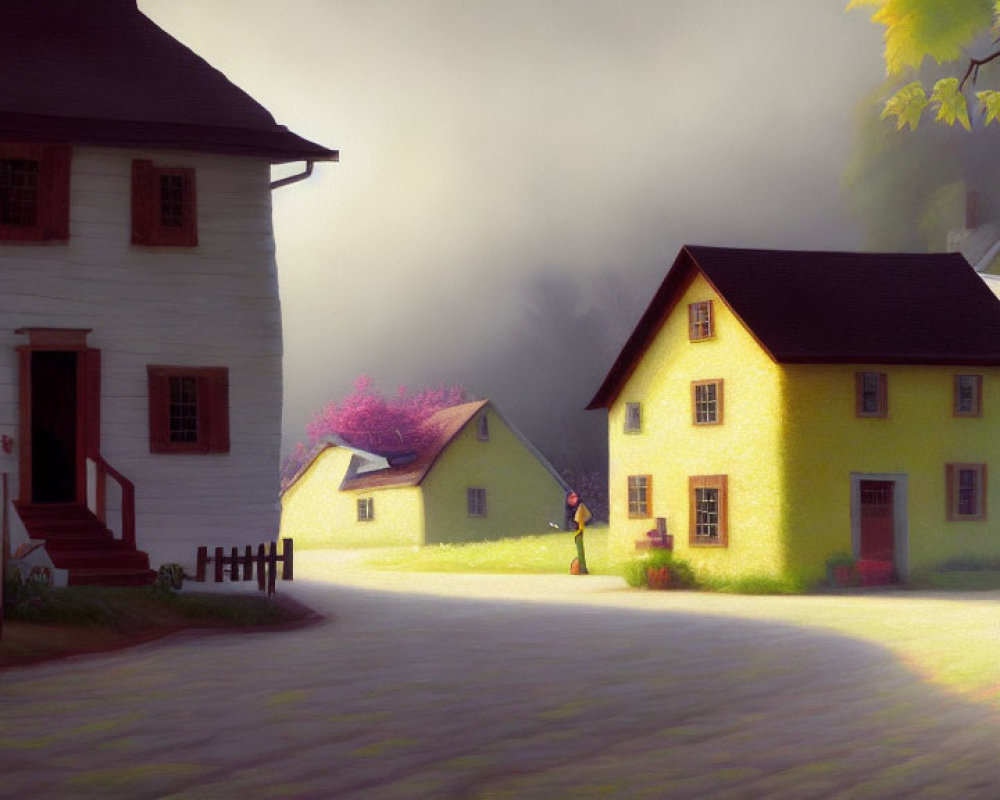 Tranquil village scene with yellow houses, autumn trees, and mist