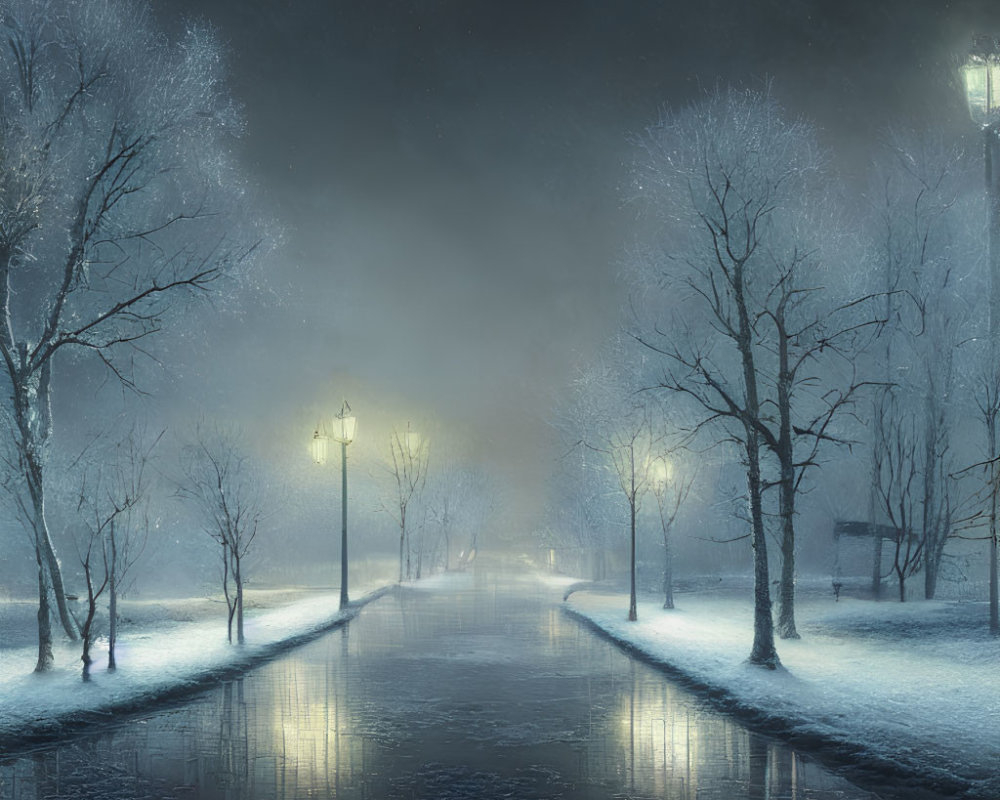 Snowy Night Park Scene with Glowing Street Lamps and Bare Trees