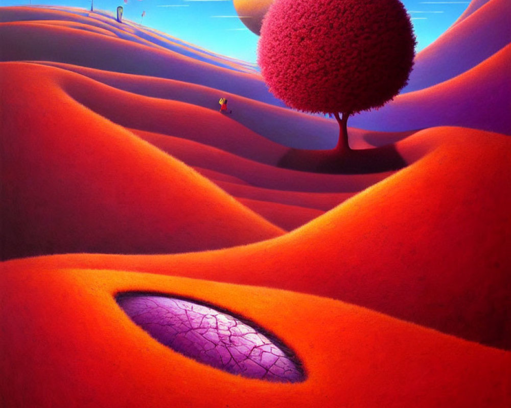 Surrealist landscape with red hills, pink tree, purple pond, and dual moons