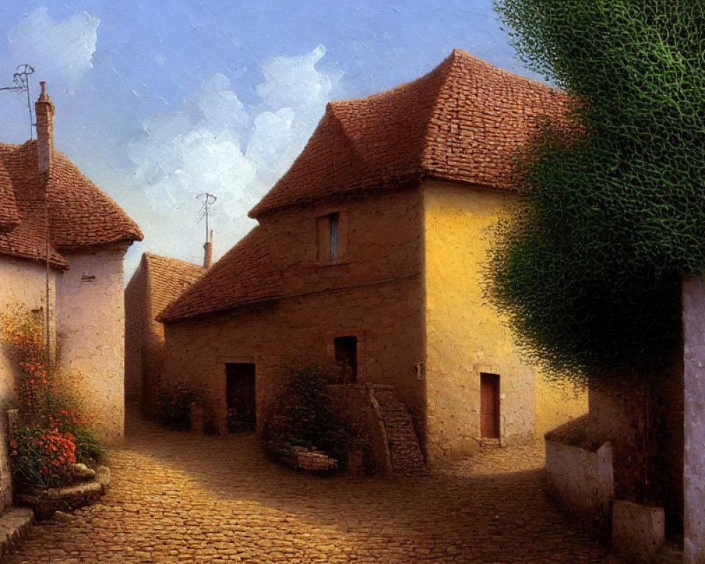 Tranquil painting of rustic village with cobblestone paths & quaint houses