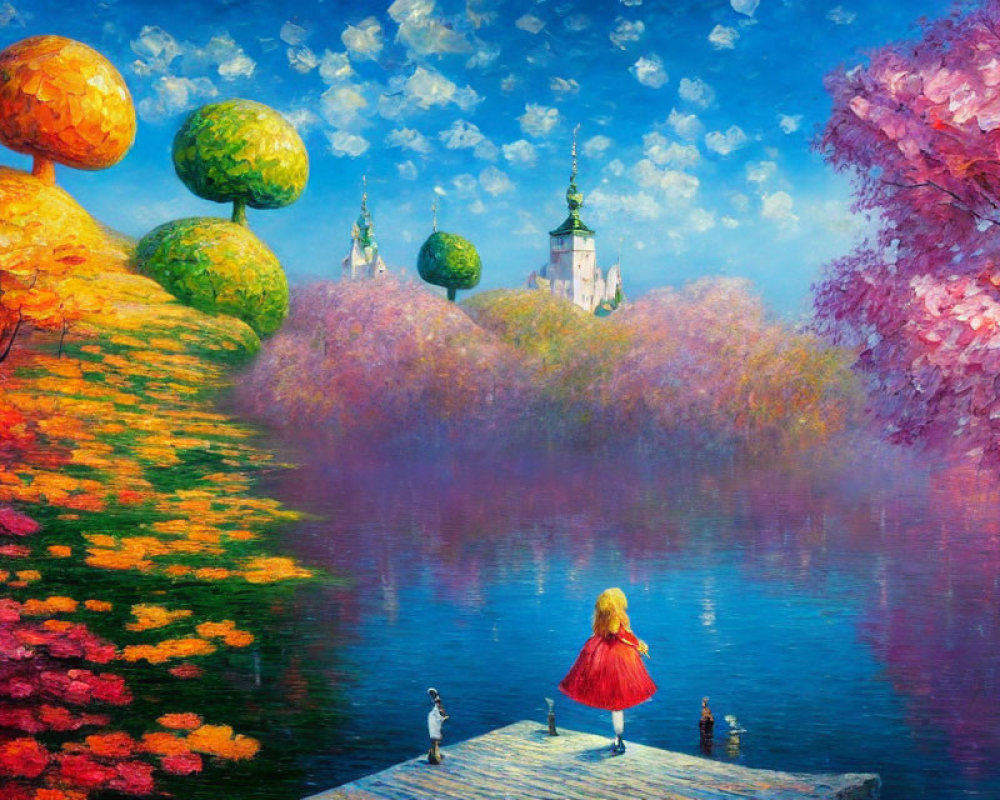 Colorful painting of girl in red dress on jetty with castle and ducks.