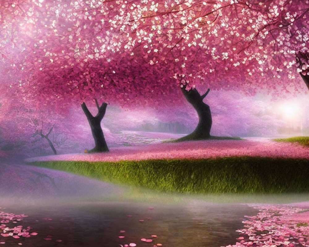 Tranquil landscape with pink cherry blossoms by a river at sunrise or sunset