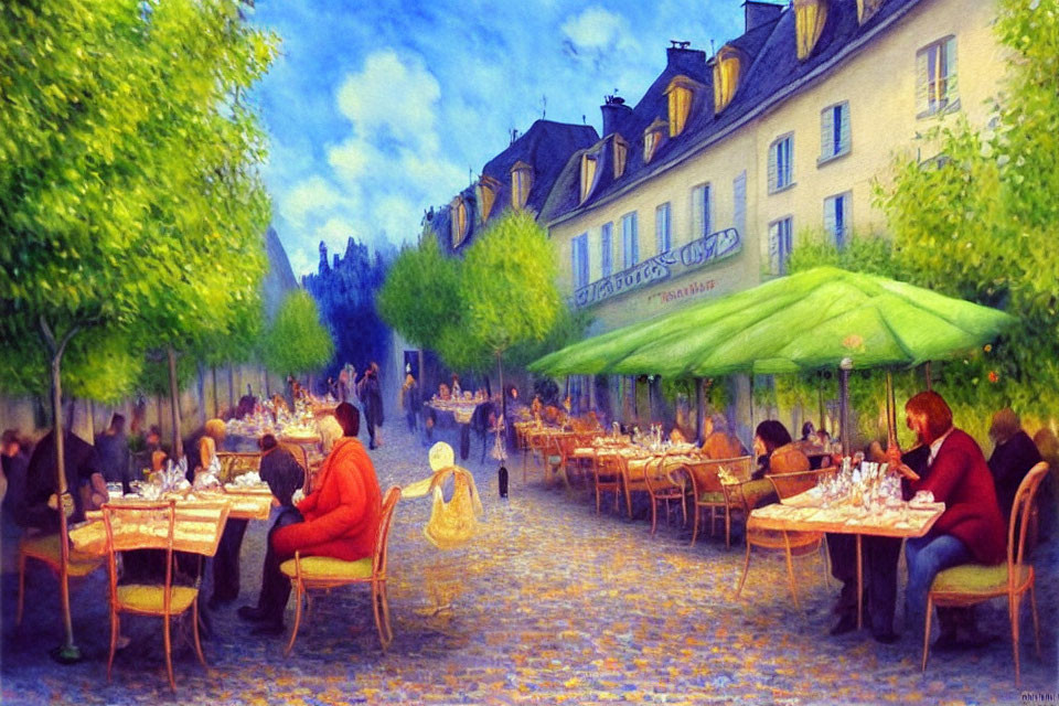 Colorful alfresco dining scene on tree-lined street at dusk