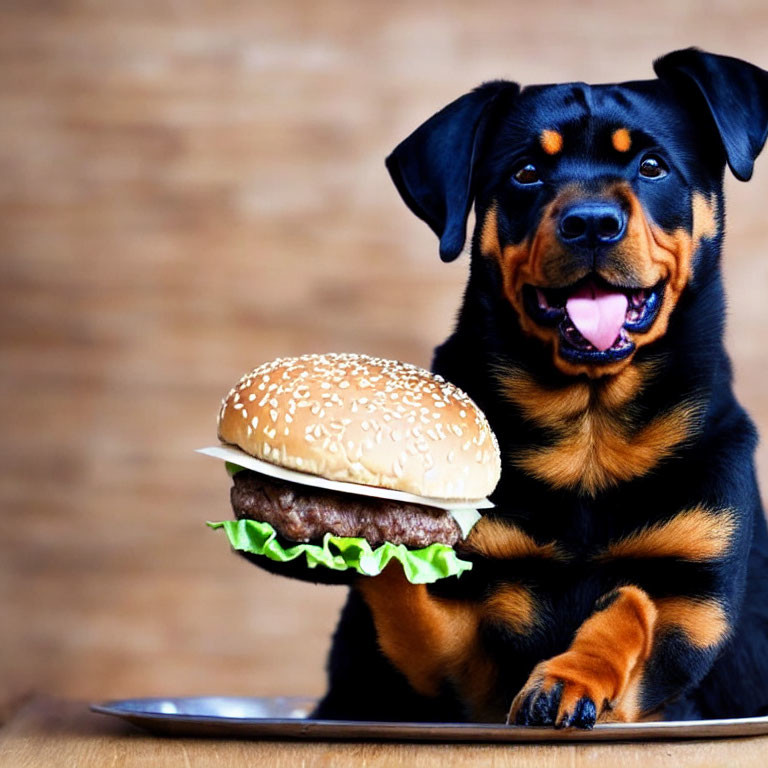 Joyful Rottweiler Dog Eyeing Hamburger on Plate