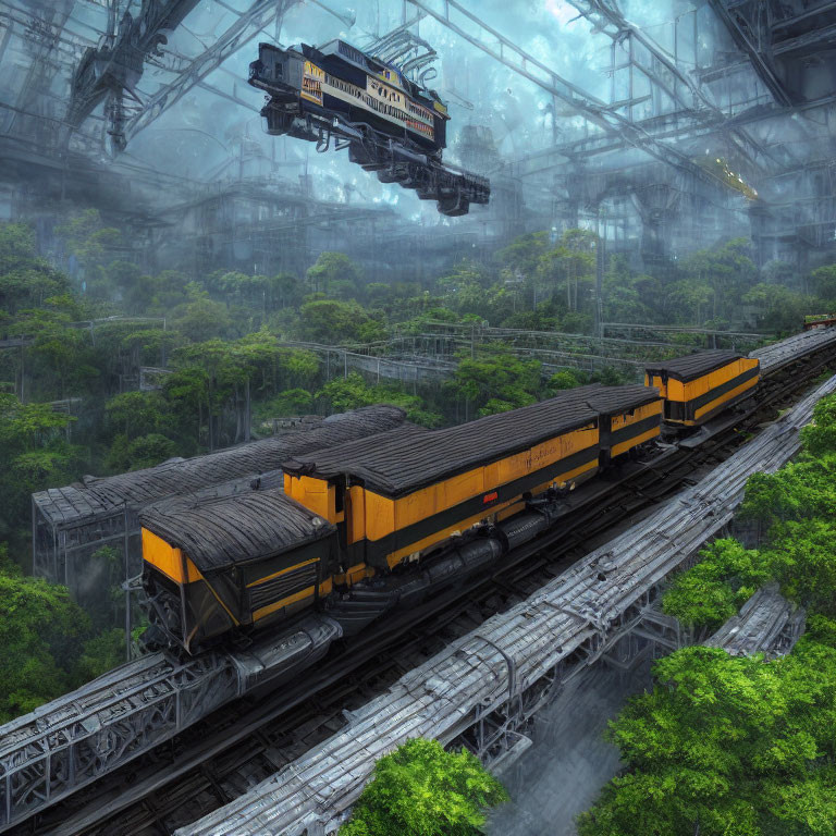 Futuristic suspended train in green industrial setting with fog and machinery