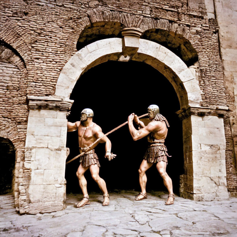 Ancient warriors in helmets and armor playing tug-of-war near stone archway