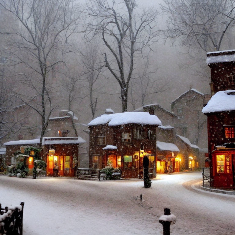 Snow-covered street scene with quaint buildings and warm lights in cozy atmosphere.