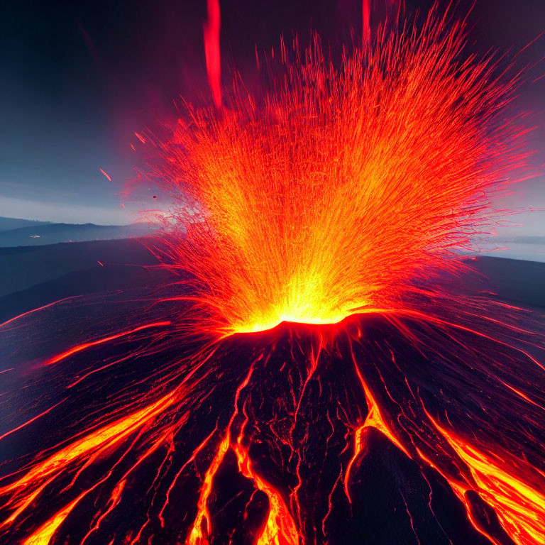 Bright lava spewing in nighttime volcanic eruption