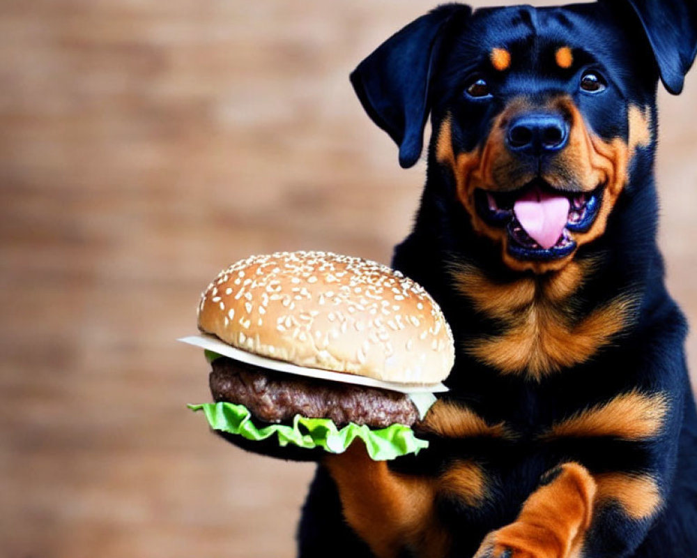 Joyful Rottweiler Dog Eyeing Hamburger on Plate