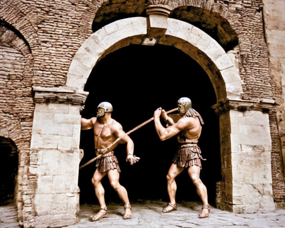 Ancient warriors in helmets and armor playing tug-of-war near stone archway