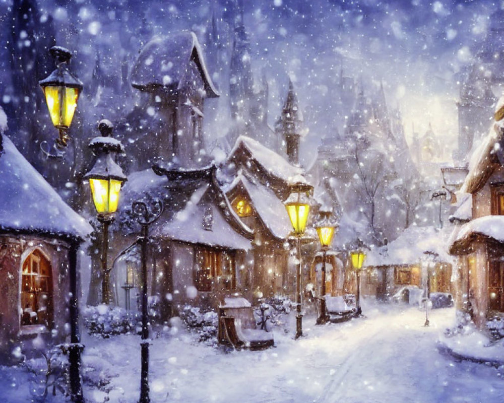 Snow-covered village with glowing street lamps and traditional houses on serene snowy night