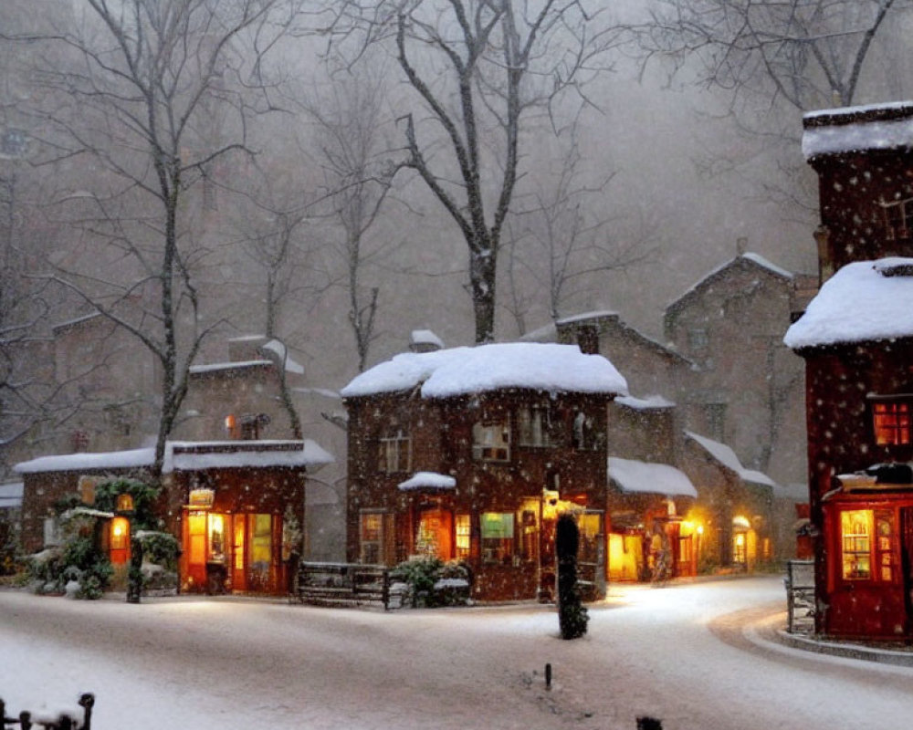 Snow-covered street scene with quaint buildings and warm lights in cozy atmosphere.